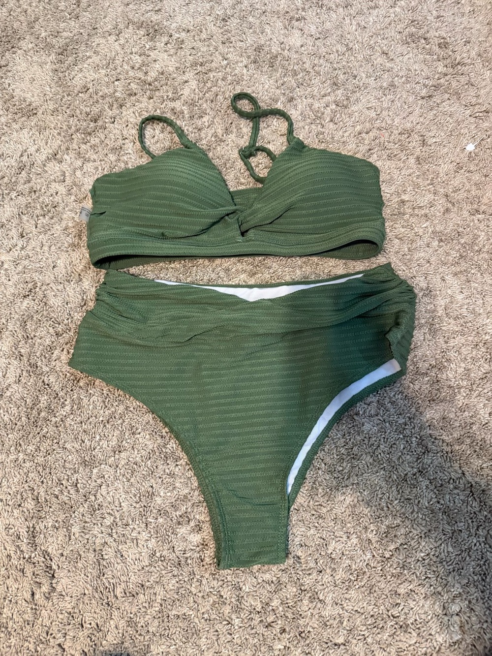 SHEIN Olive Green Textured Twist-Front One-Piece Swim